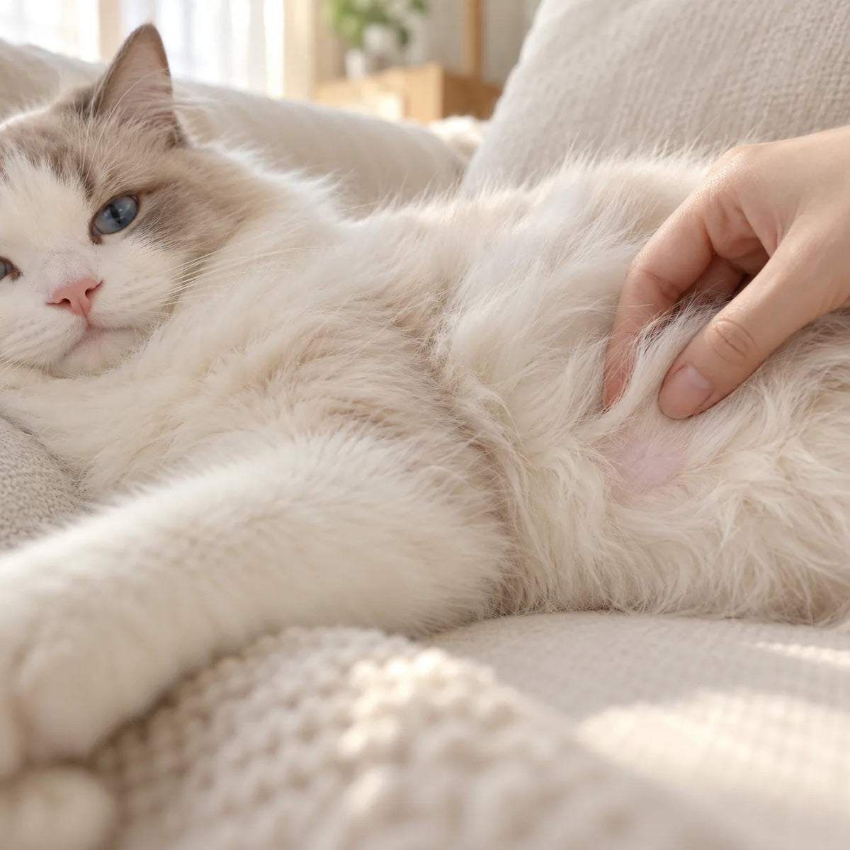 手で毛をかき分けて皮膚を見せる長毛の猫