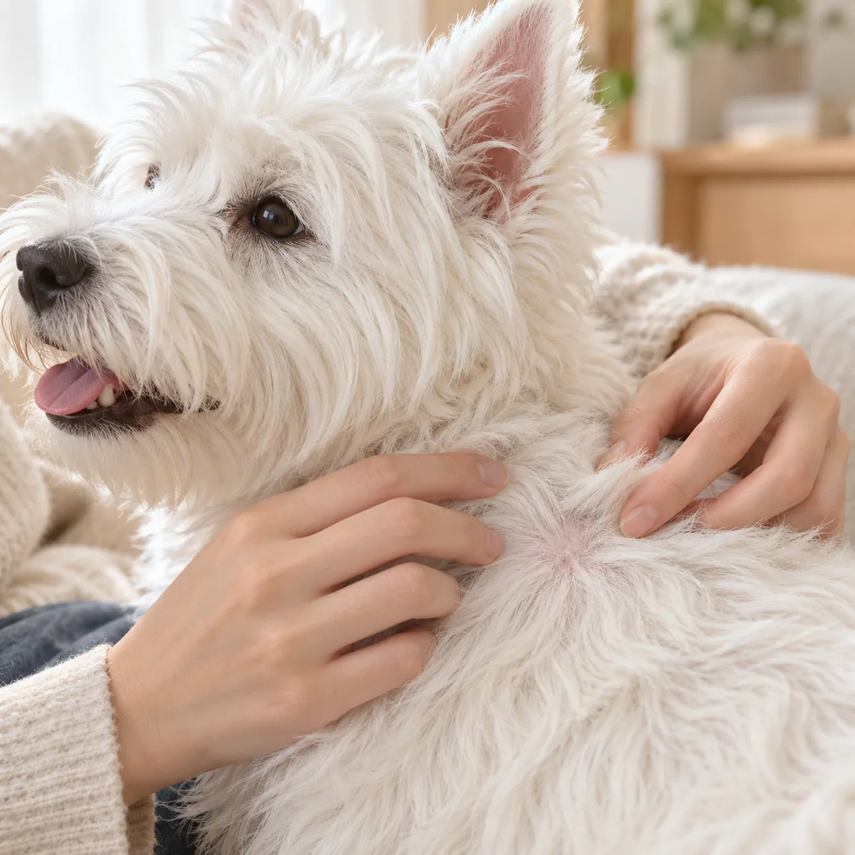 手で首肩の毛をかき分けた白い犬の毛並み