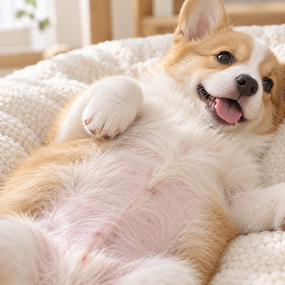 窓光の下で仰向けになった子犬のおなかの皮膚まわり