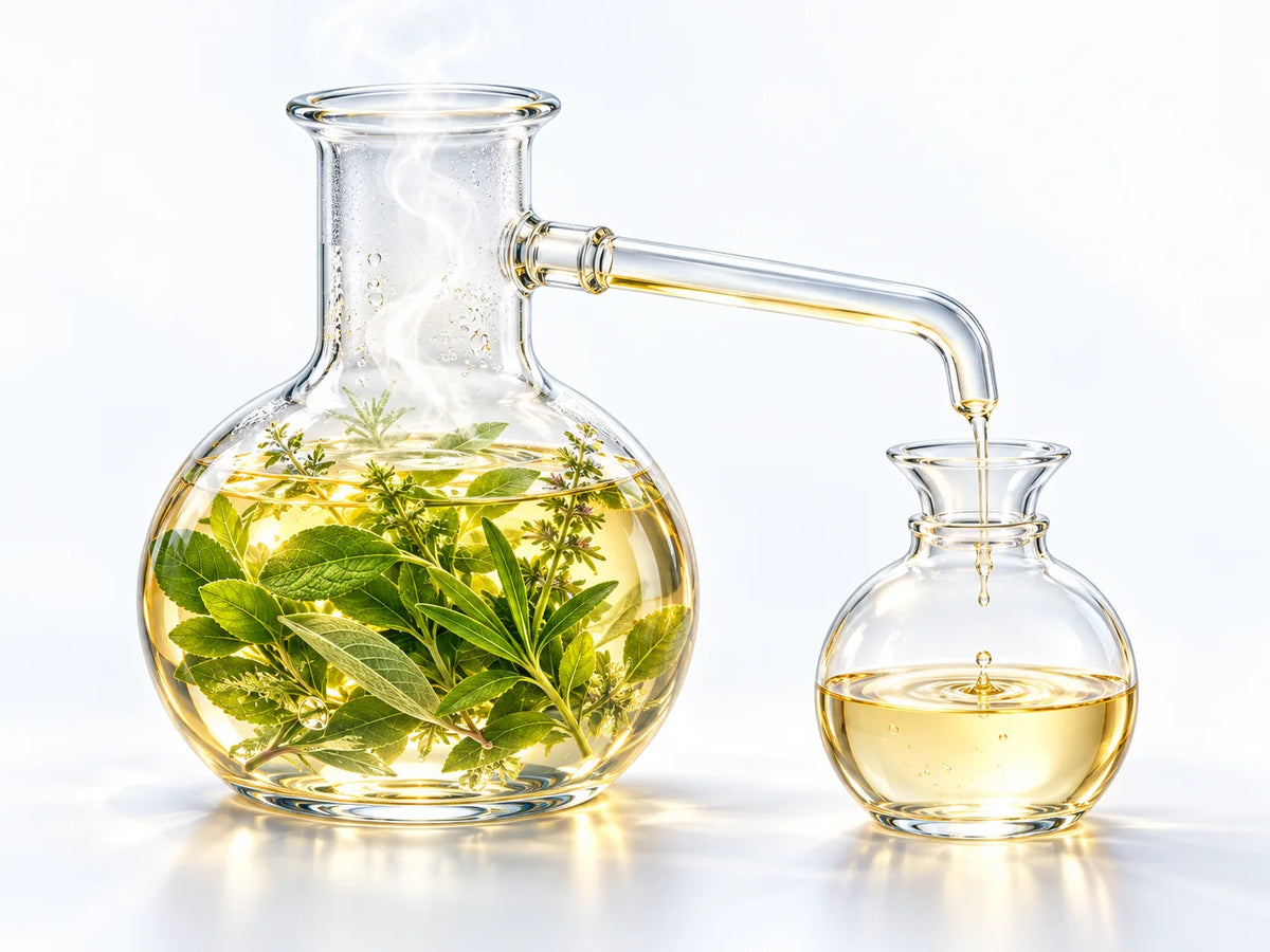 植物を水で蒸留抽出する様子（模式イメージ）